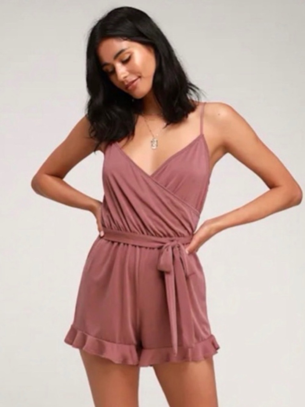 LULUS Katelyn Rusty Rose Ruffled Surplice Romper Women’s size Medium - Picture 1 of 16